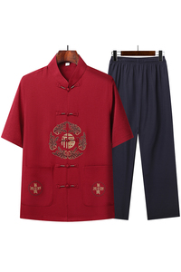 T201P42主推中老年唐装套装爸爸装风居士服汉服爷爷短袖套装图片