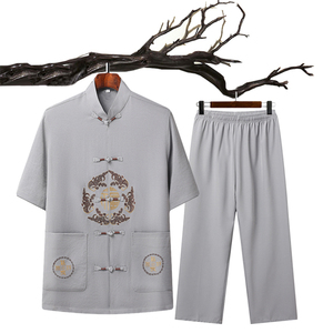 T201P42主推中老年唐装套装爸爸装风居士服汉服爷爷短袖套装图片