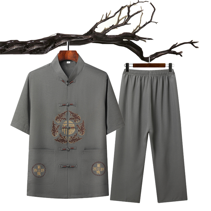 T201P42主推中老年唐装套装爸爸装风居士服汉服爷爷短袖套装，男装民族服装，星座1108-2