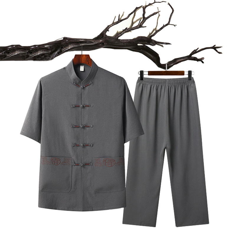 T215P45夏季冰丝风套装仿唐装汉服爷爷太极服爸爸衣服,男装民族服装,星座1108-2