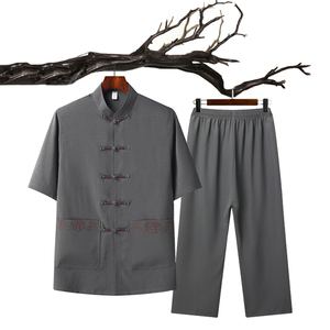 T215P45夏季冰丝风套装中老年人唐装汉服爷爷太极服爸爸衣服