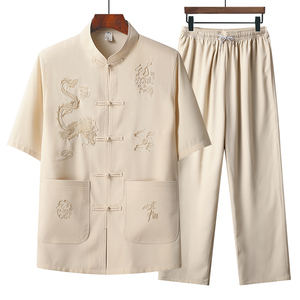 T216P40夏季棉麻风套装盘扣宽松唐装汉服爷爷太极服爸爸衣服图片