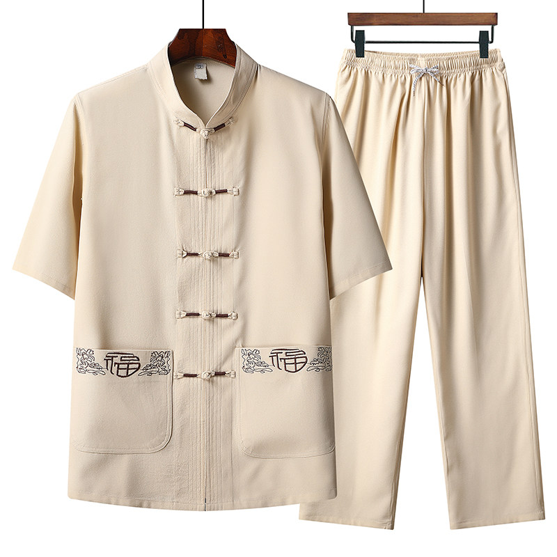 T215P45夏季棉麻风套装仿唐装汉服爷爷太极服爸爸衣服,男装民族服装,星座1108-2