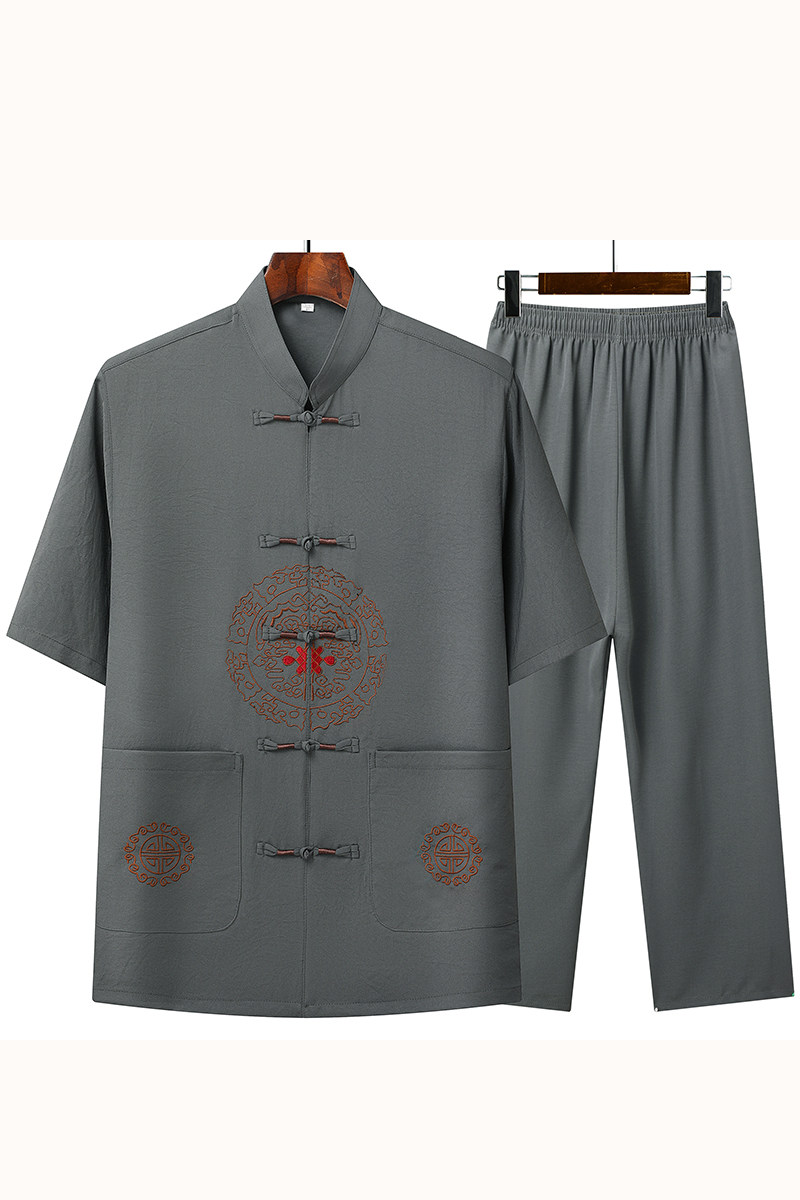 T206P42中老年棉麻唐装套装爸爸装风居士服汉服爷爷短袖套装,男装民族服装,星座1108-2