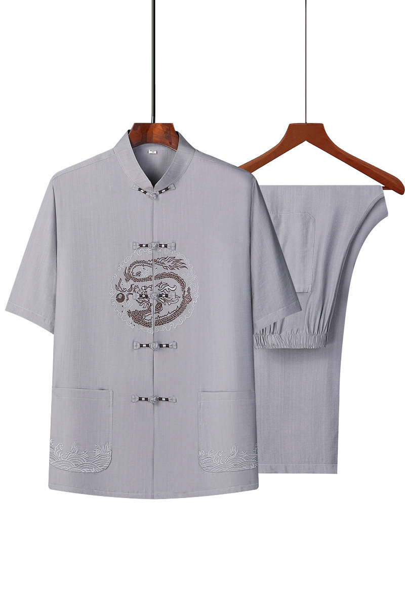 T225P85风爸爸装冰丝中老年套装唐装居士服汉服爷爷短袖衣服,男装民族服装,星座1108-2