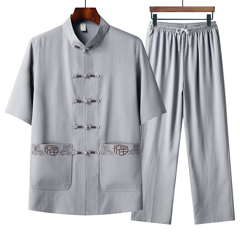 T215P45夏季棉麻风套装仿唐装汉服爷爷太极服爸爸衣服,男装民族服装,星座1108-2