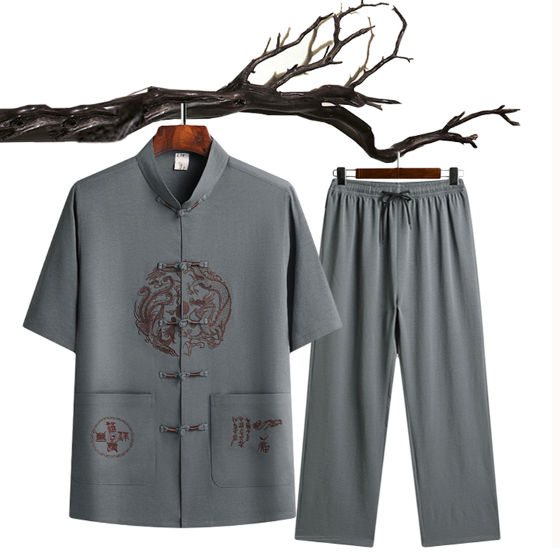 T211P40特批中老年人唐装爸爸装风刺绣夏季汉服爷爷套装，男装民族服装，星座1108-2