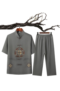 T201P42主推爷爷短袖套装中老年唐装套装爸爸装风居士服汉服图片