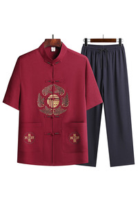 T201P42夏季爷爷短袖套装中老年唐装套装爸爸装风居士服汉服图片