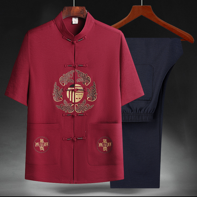 T201P40夏季爷爷短袖套装中老年唐装套装爸爸装风居士服汉服，男装民族服装，星座1108A
