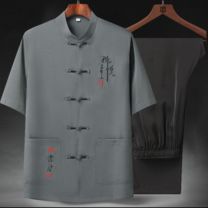 T208P55中老年太极服风棉麻套装夏季刺绣唐装居士服汉服爷爷图片