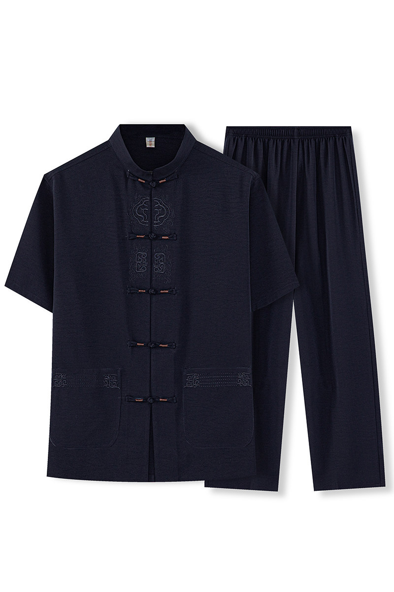 T218P42中老年冰丝唐装套装夏季短袖爸爸装太极服爷爷装两件套,男装民族服装,星座1108-2