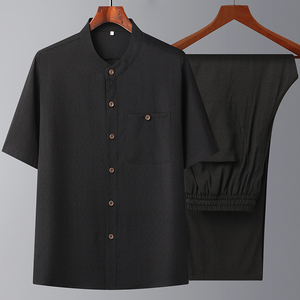 T207P85风爸爸装棉麻中老年套装唐装居士服汉服爷爷短袖衣服图片