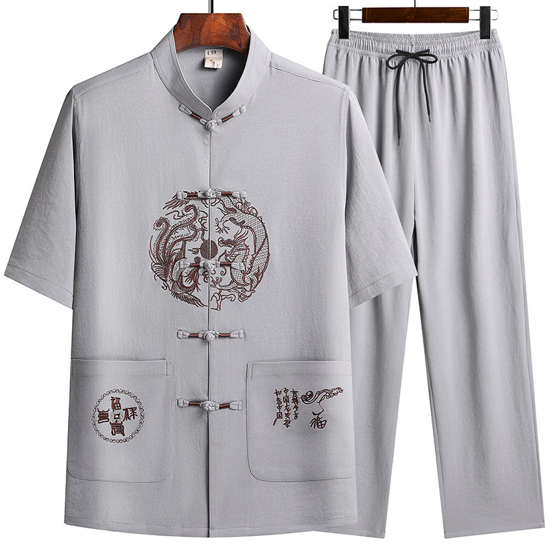 T211P40特批夏季汉服爷爷套装中老年人唐装爸爸装风刺绣,男装民族服装,星座1108-2
