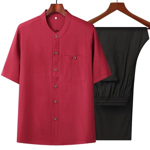 T207P85风爸爸装棉麻中老年套装唐装居士服汉服爷爷短袖衣服图片