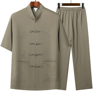 T202P42主推中老年唐装套装爸爸装风居士服汉服爷爷短袖套装图片