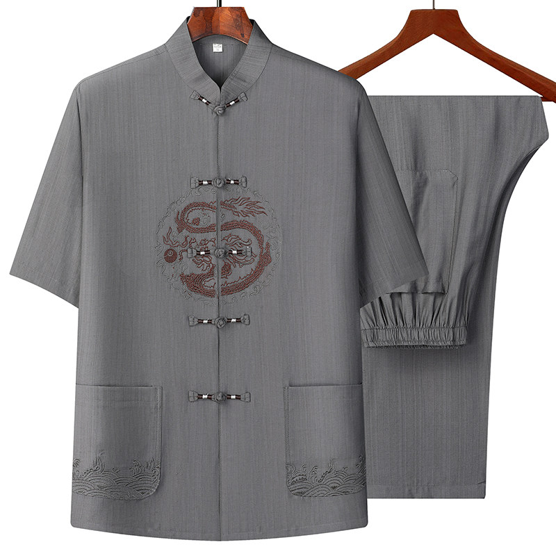 T225P85风爸爸装冰丝中老年套装唐装居士服汉服爷爷短袖衣服,男装民族服装,星座1108-2