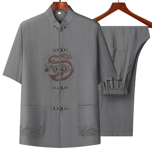 T225P85风爸爸装冰丝中老年套装唐装居士服汉服爷爷短袖衣服图片