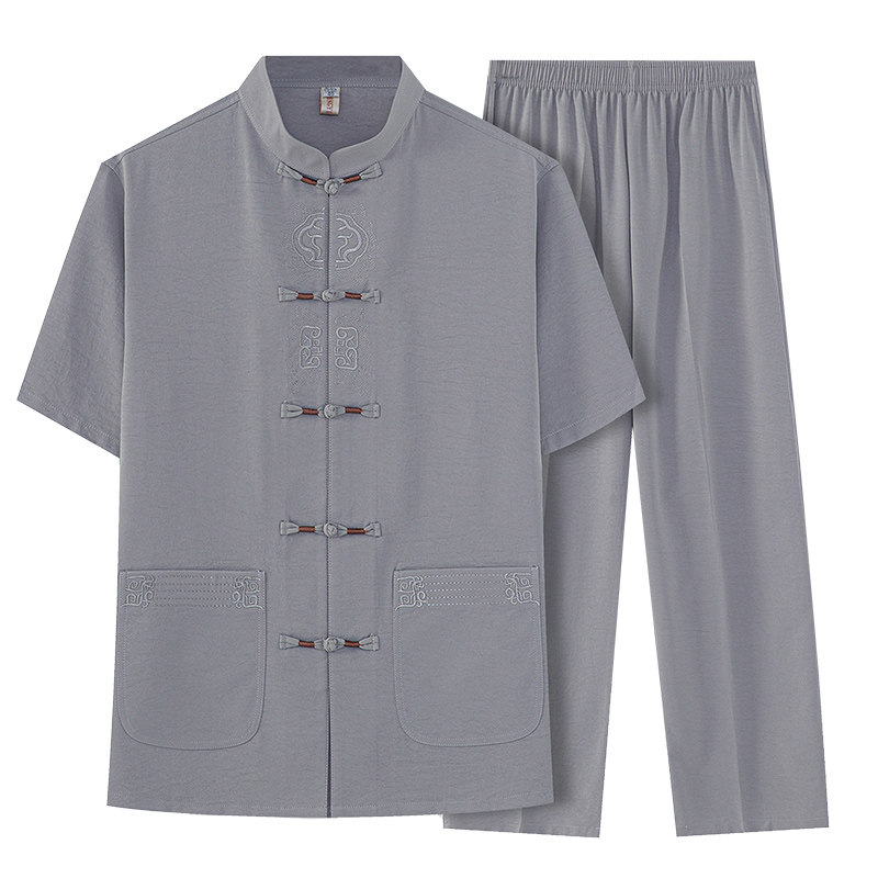 T218P42中老年冰丝唐装套装夏季短袖爸爸装太极服爷爷装两件套,男装民族服装,星座1108-2