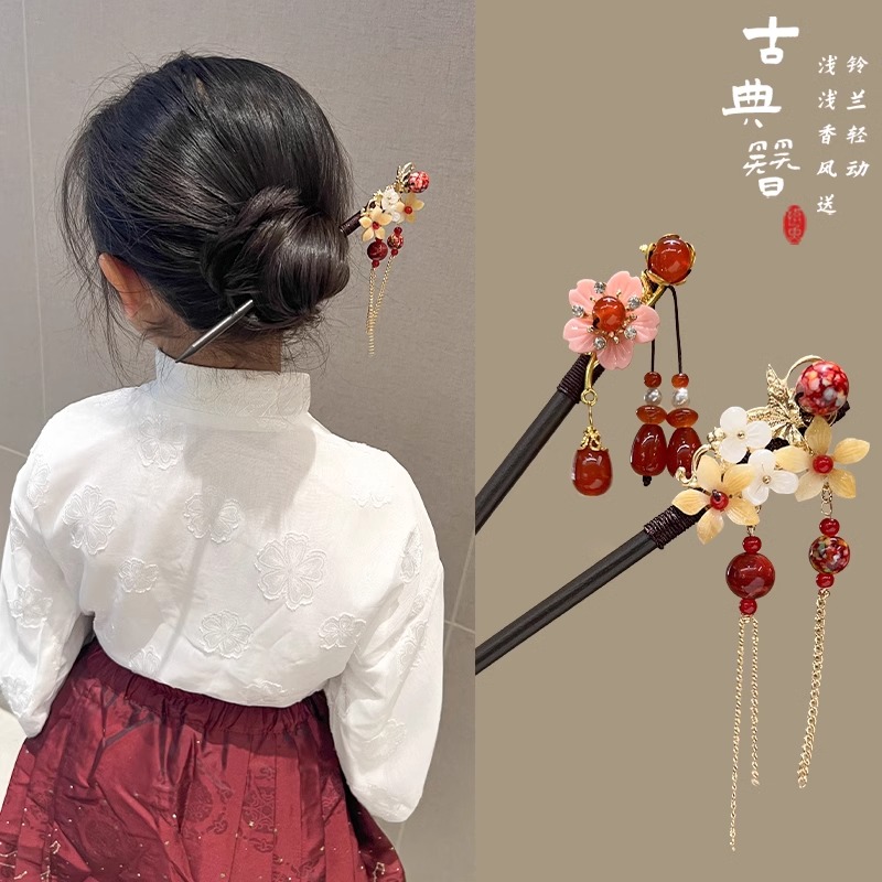 古风女童发簪新年红色汉服发饰