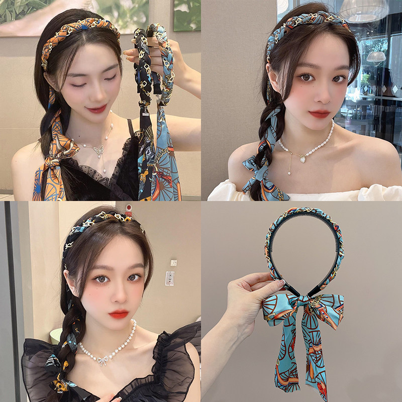 绑发头箍一体系夏季发箍女2023新款复古链条飘带发饰编发发带头饰
