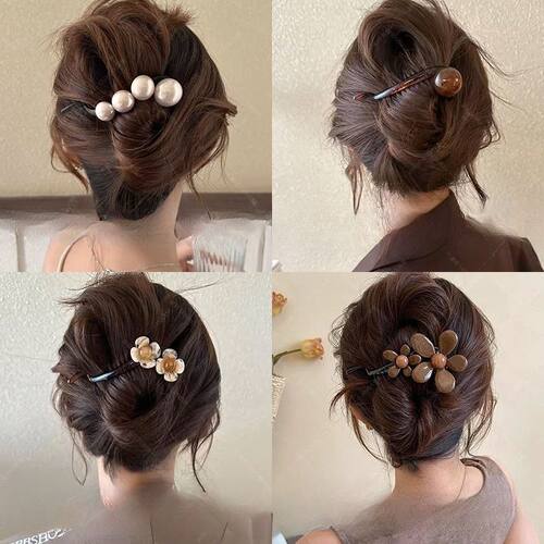 大气复古咖色珍珠一字抓夹女