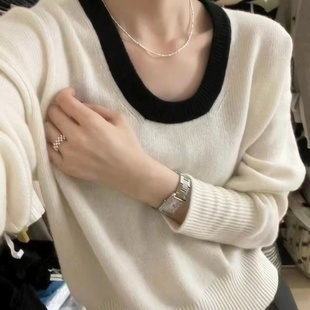 加厚羊绒衫女宽松短裤白色毛衣女春季U领针织衫小个子打底羊毛衫