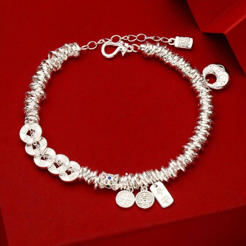 足银9999纯银五帝币盘缠银手链男女款平安喜乐情侣手串送女友礼物