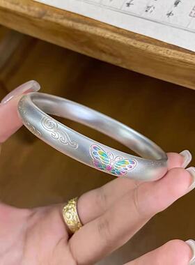 足银9999蝴蝶手镯女描金珐琅彩蝴蝶祥云轻奢高级感新中式纯银镯子