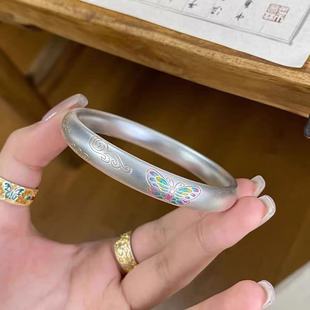 足银999蝴蝶手镯女描金珐琅彩蝴蝶祥云轻奢高级感新中式银镯子