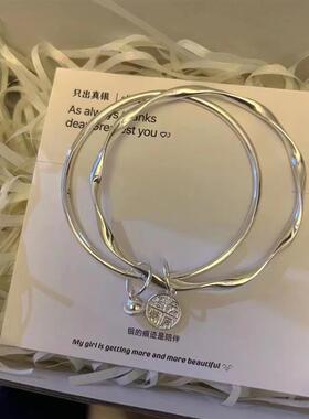 莫比乌斯环双环铃铛银手镯女纯银999实心平安喜乐年轻款足银镯子