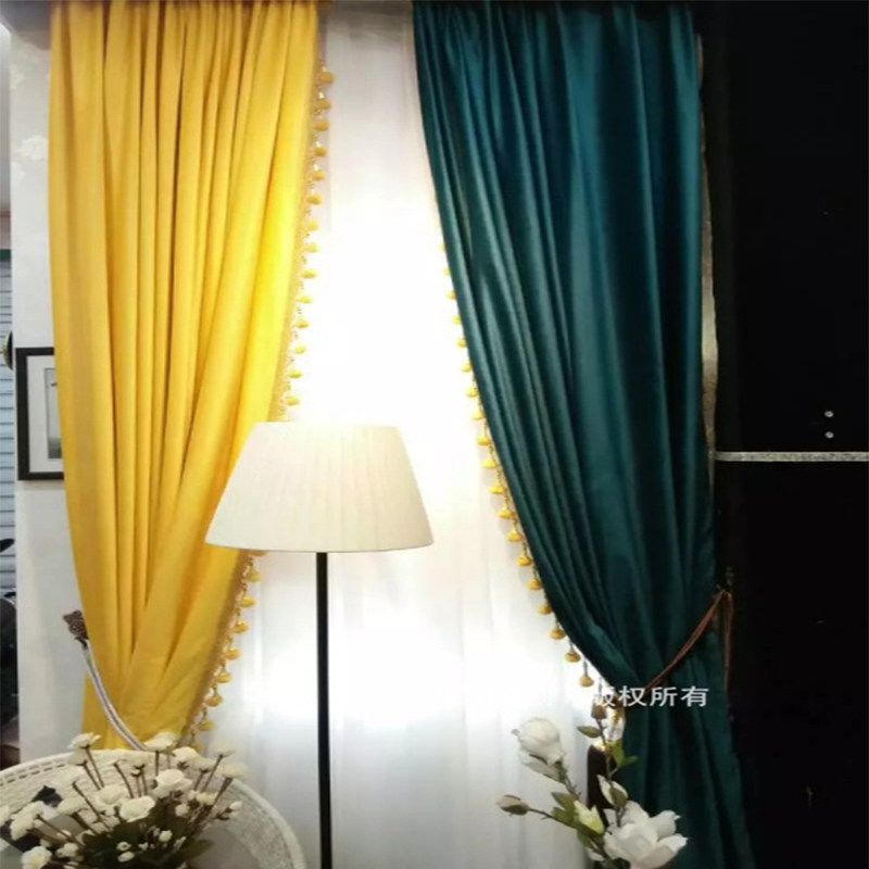 简约现代墨绿色纯色拼色美式乡村古典欧式宝石绿黄色客厅房间窗帘