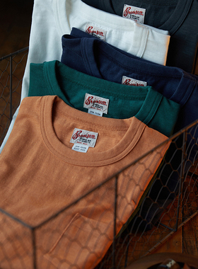 恶犬BRONSON圆筒织无接缝TOMPINKS素色柔软透气薄竹节棉口袋T恤衫