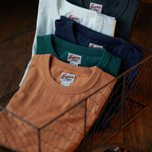 恶犬BRONSON圆筒织无接缝TOMPINKS素色柔软透气薄竹节棉口袋T恤衫