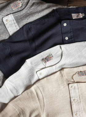 恶犬BRONSON侧斜门襟亨利领套头短袖轻薄竹节纱T恤衫美式复古TEE