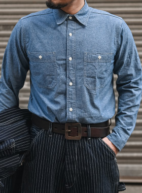 双贴袋青年布长袖衬衫Chambray