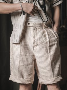 休闲两褶过膝中裤 NON 男士 亚麻条纹宽松阔腿棒球短裤 子 STOCK