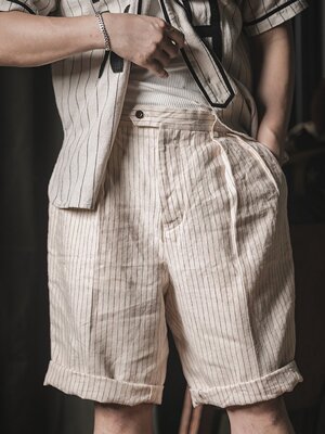 短裤条纹中裤亚麻休闲裤复古咔叽