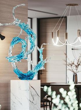 酒店大堂浪花雕塑透明树脂摆件现代轻奢售楼处别墅玄关客厅装饰品