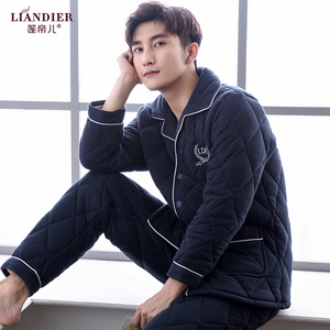 莲帝儿冬款夹棉三层加厚纯棉睡衣男士全棉中老年加肥加大家居服