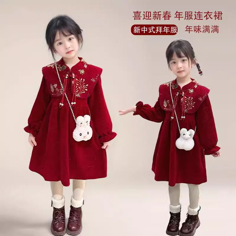EYAS女童中国风连衣裙2025秋冬新款洋气中式风加厚保暖拜年裙子女