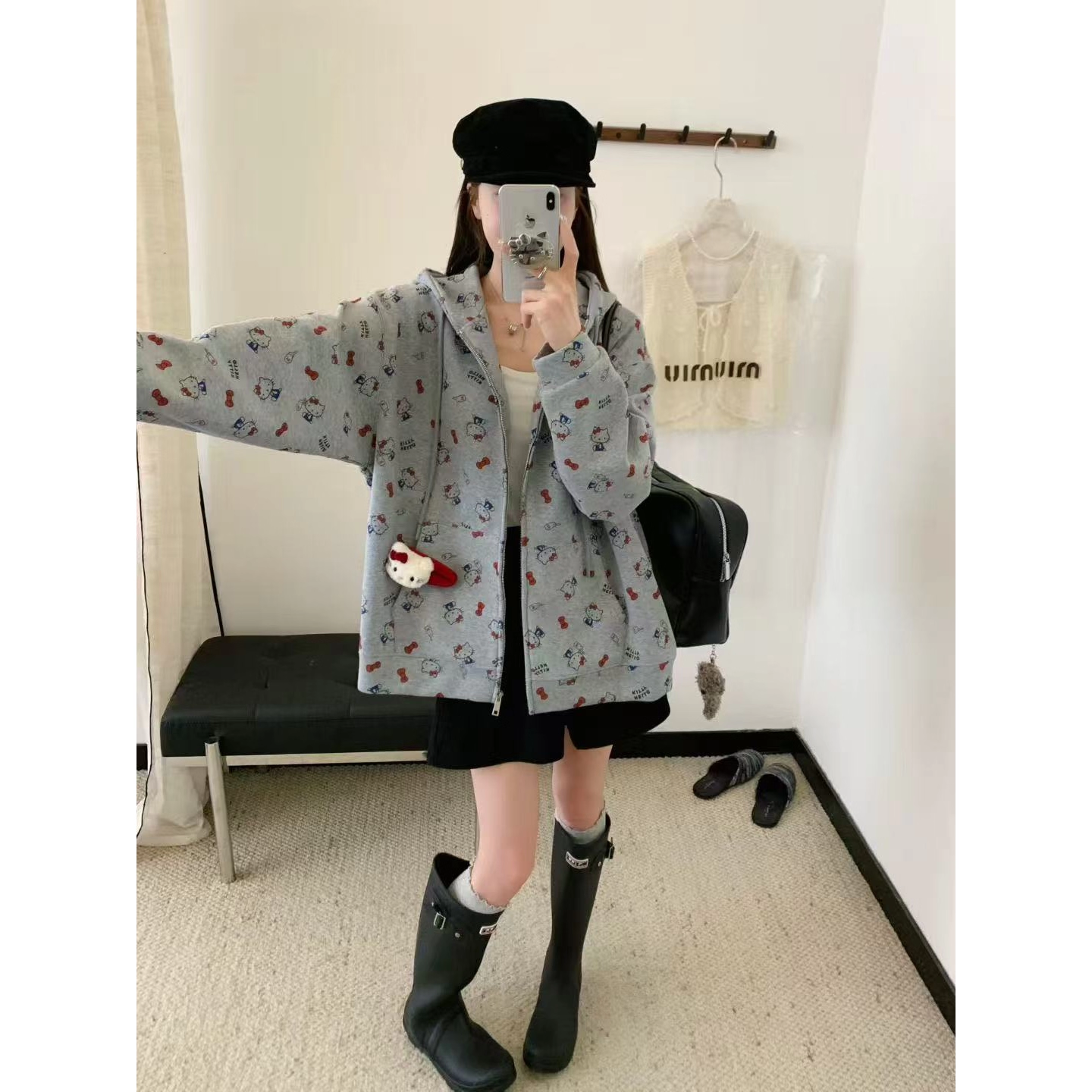 甜美风时尚卡通满印连帽拉链开衫卫衣女2025早秋新款百搭宽松外套