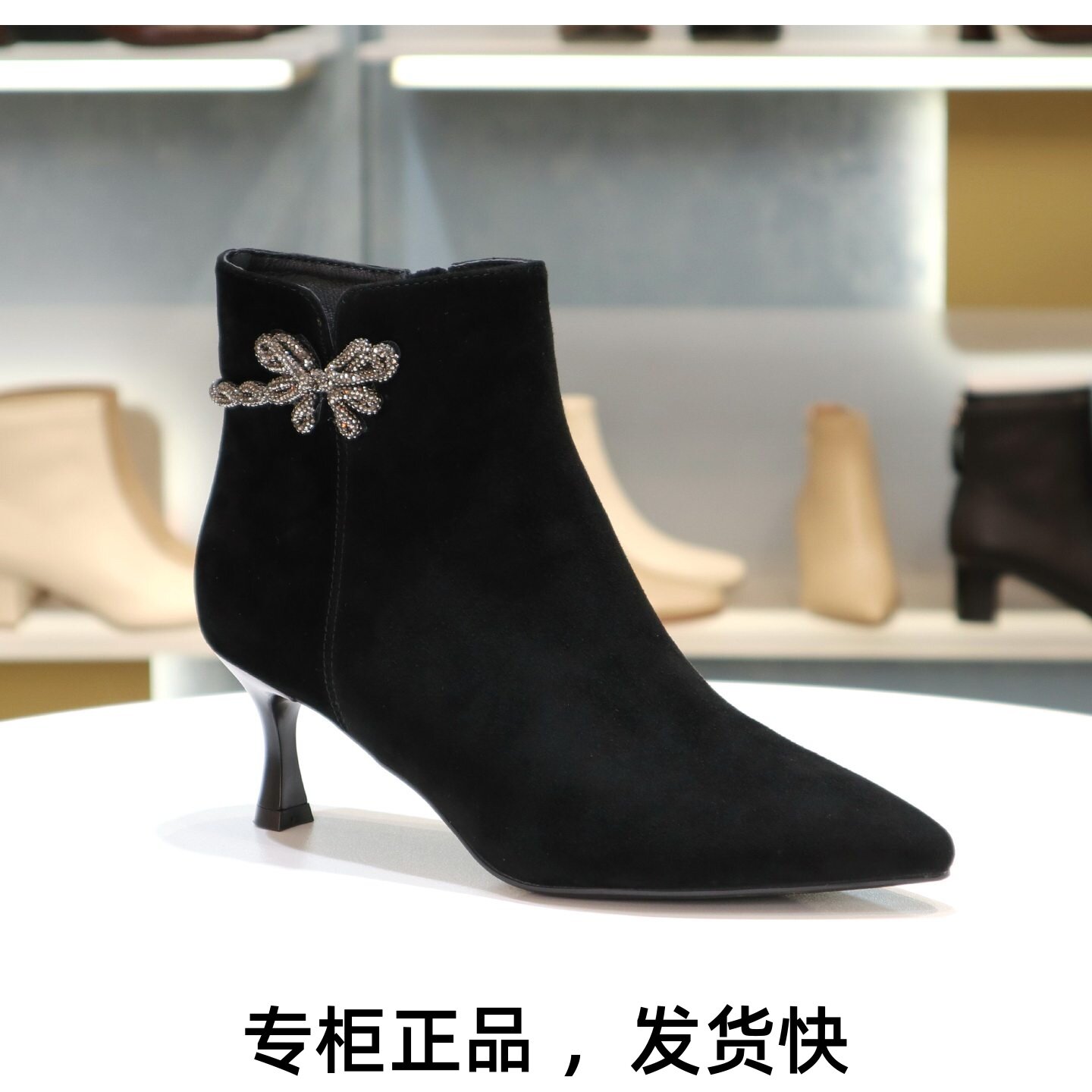 COMELY康莉2025尖头细跟高跟侧拉链时装靴短靴裸靴女靴子KYQ58621