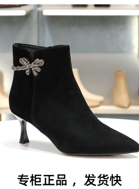 COMELY康莉2025尖头细跟高跟侧拉链时装靴短靴裸靴女靴子KYQ58621