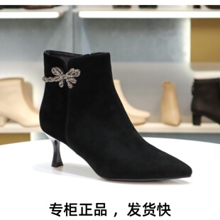 COMELY康莉2025尖头细跟高跟侧拉链时装靴短靴裸靴女靴子KYQ58621