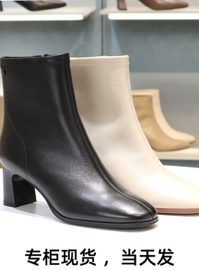 COMELY康莉2025高跟粗跟方头羊皮侧拉链时装靴短靴女靴子KYQ58606