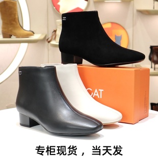 KISSCAT接吻猫2025真皮方跟方头侧拉链时装靴短靴女鞋KA65705-10