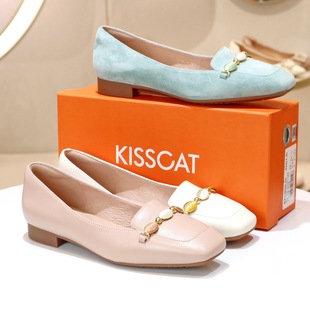女K76129A KISSCAT接吻猫2026方头低跟复古串珠豆豆鞋 浅口单鞋