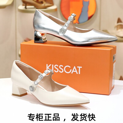 接吻猫羊皮粗跟玛丽珍鞋单鞋