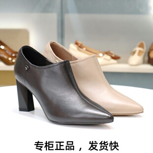 COMELY康莉2026粗跟羊皮高跟鞋深口尖头女鞋单鞋KYQ56560DU01CM5